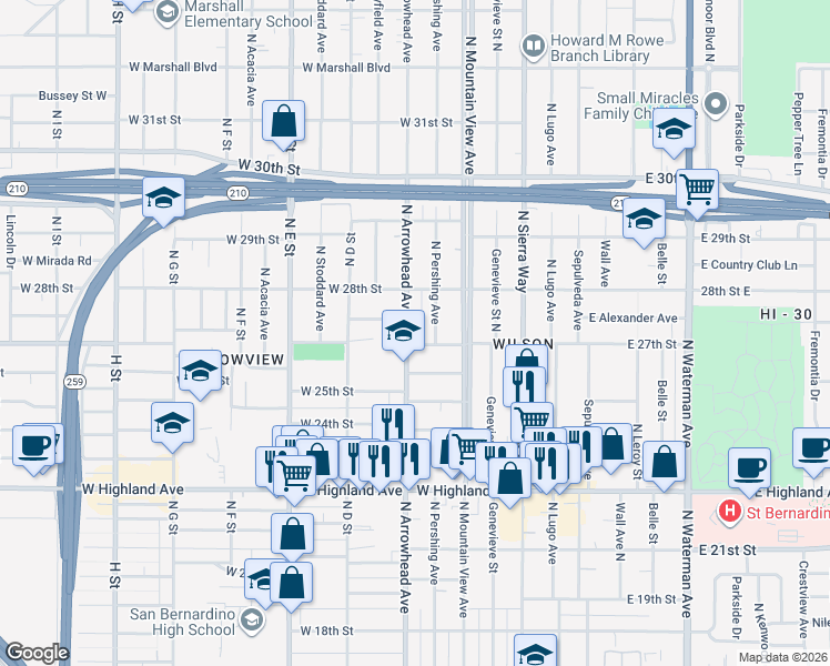 map of restaurants, bars, coffee shops, grocery stores, and more near 2757 North Arrowhead Avenue in San Bernardino