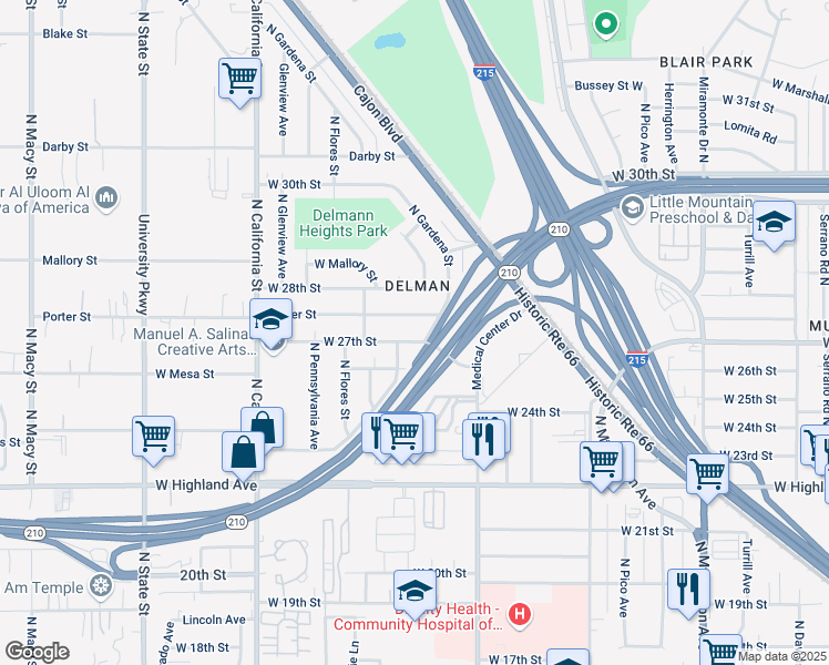 map of restaurants, bars, coffee shops, grocery stores, and more near 1653 Porter Street in San Bernardino