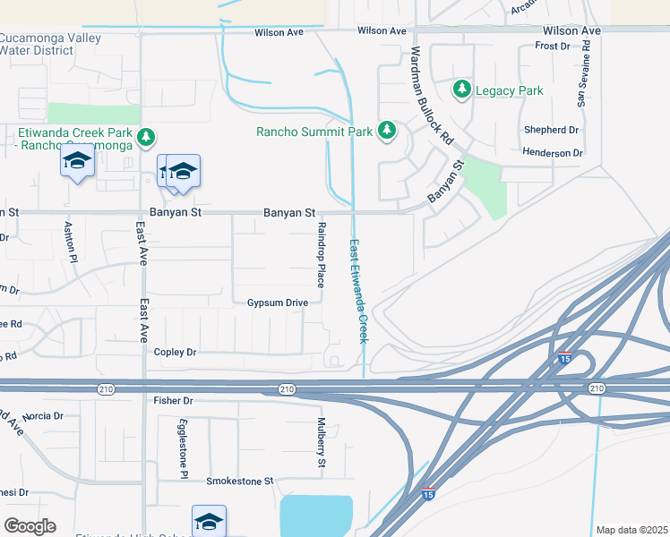 map of restaurants, bars, coffee shops, grocery stores, and more near 6211 Raindrop Place in Rancho Cucamonga