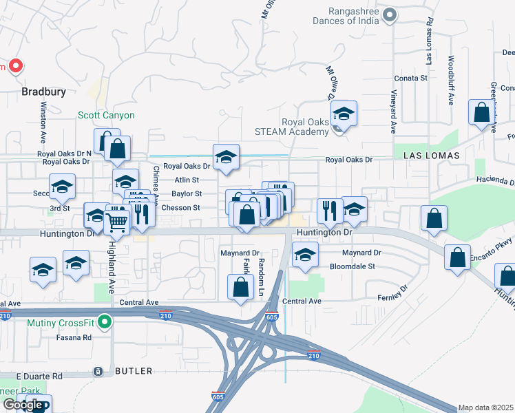 map of restaurants, bars, coffee shops, grocery stores, and more near 856 Random Lane in Duarte