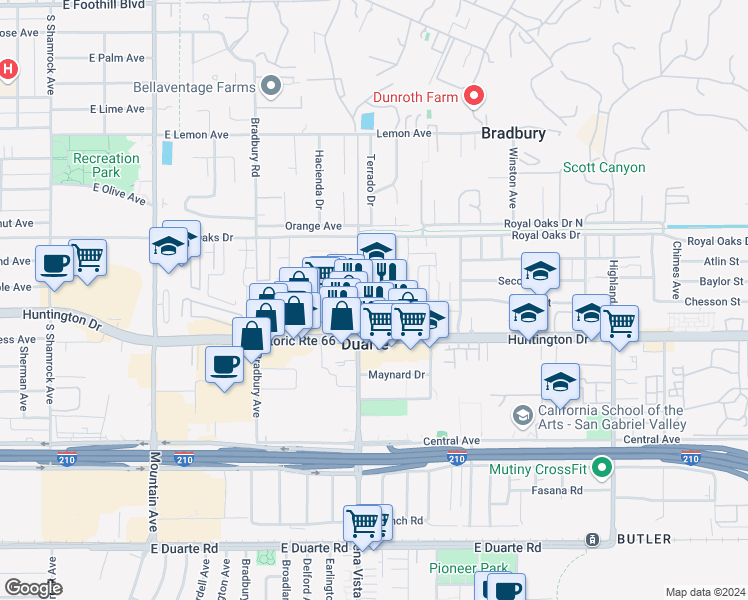 map of restaurants, bars, coffee shops, grocery stores, and more near 932 Buena Vista Street in Duarte