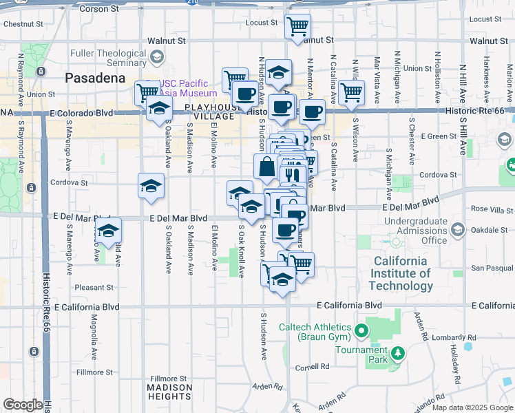 map of restaurants, bars, coffee shops, grocery stores, and more near 257 South Hudson Avenue in Pasadena