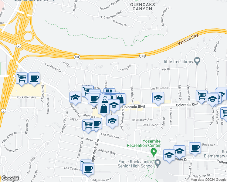 map of restaurants, bars, coffee shops, grocery stores, and more near 5216 North Eagle Rock Boulevard in Los Angeles