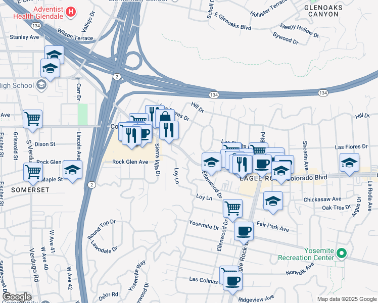 map of restaurants, bars, coffee shops, grocery stores, and more near 5141 Ellenwood Drive in Los Angeles
