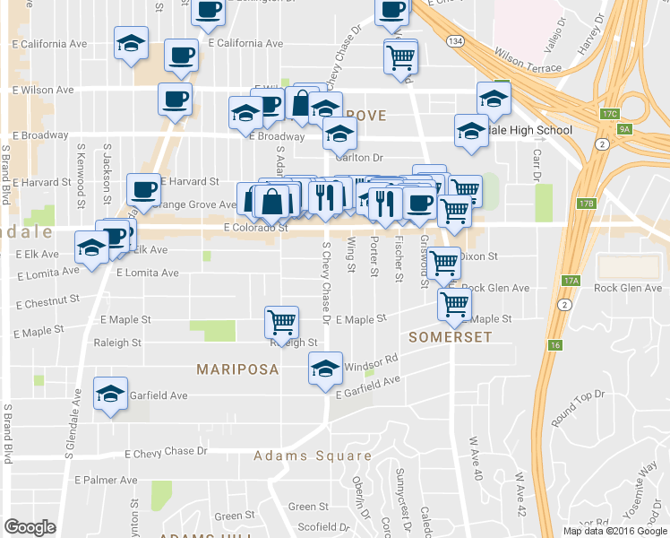 map of restaurants, bars, coffee shops, grocery stores, and more near 404 South Chevy Chase Drive in Glendale