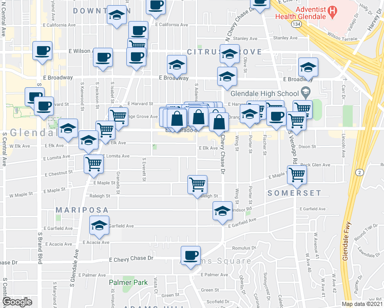 map of restaurants, bars, coffee shops, grocery stores, and more near 401 South Adams Street in Glendale