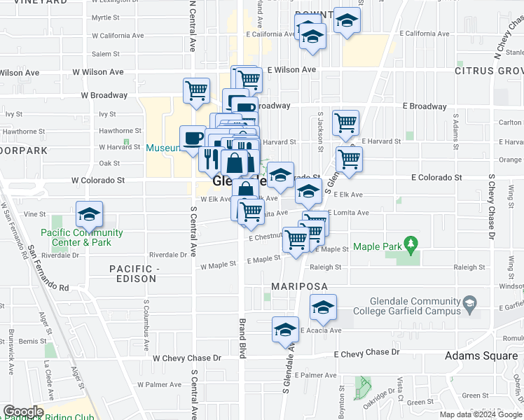 map of restaurants, bars, coffee shops, grocery stores, and more near 118 East Elk Avenue in Glendale