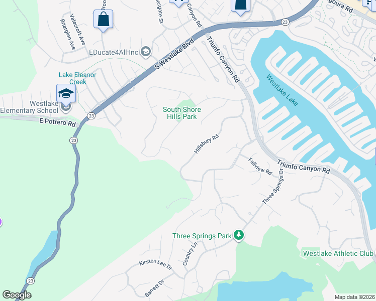 map of restaurants, bars, coffee shops, grocery stores, and more near 2117 Hillsbury Road in Westlake Village