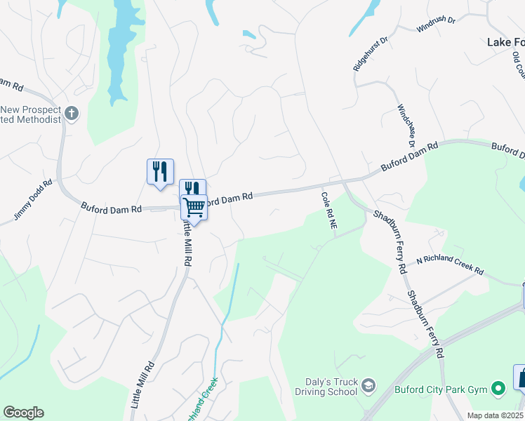 map of restaurants, bars, coffee shops, grocery stores, and more near 2257 Buford Dam Road in Buford