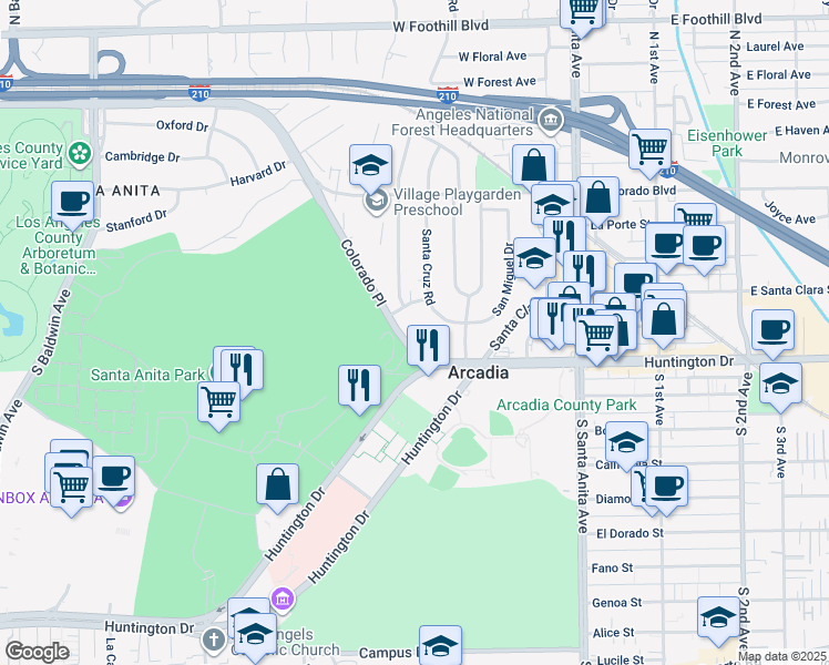 map of restaurants, bars, coffee shops, grocery stores, and more near 125 West Huntington Drive in Arcadia