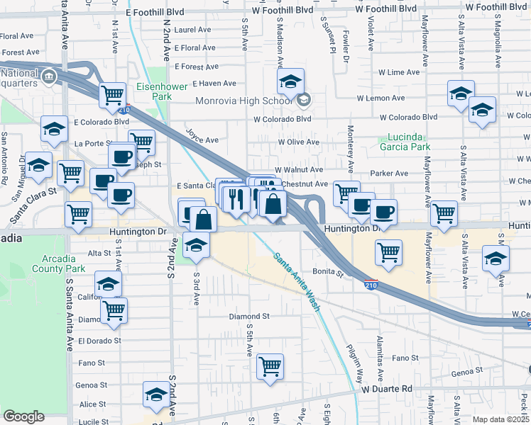 map of restaurants, bars, coffee shops, grocery stores, and more near 930 Fifth Avenue in Monrovia