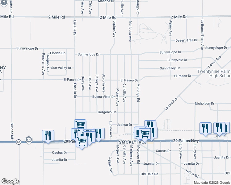 map of restaurants, bars, coffee shops, grocery stores, and more near 6144 Mojave Avenue in Twentynine Palms