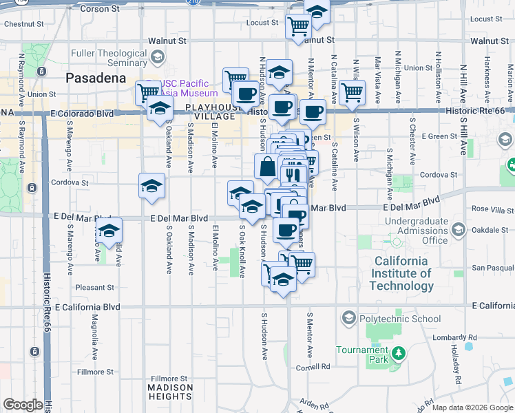 map of restaurants, bars, coffee shops, grocery stores, and more near 283 South Hudson Avenue in Pasadena