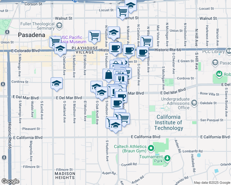 map of restaurants, bars, coffee shops, grocery stores, and more near 283 South Lake Avenue in Pasadena