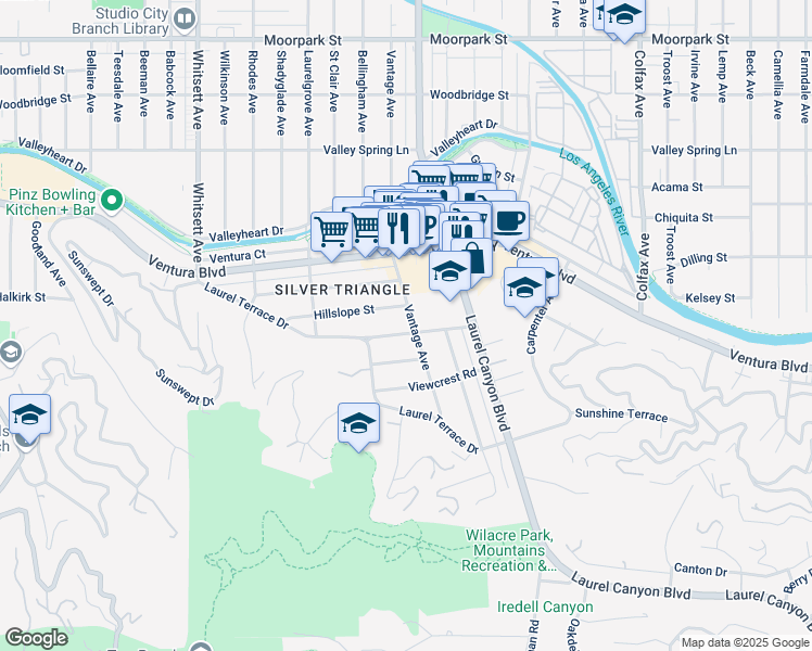 map of restaurants, bars, coffee shops, grocery stores, and more near 12109 Maxwellton Road in Los Angeles