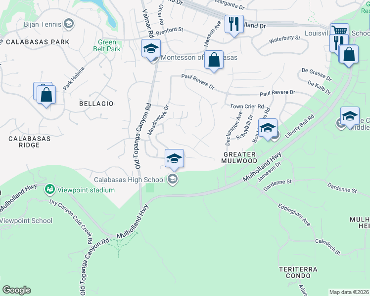 map of restaurants, bars, coffee shops, grocery stores, and more near 22824 Sparrow Dell Drive in Calabasas