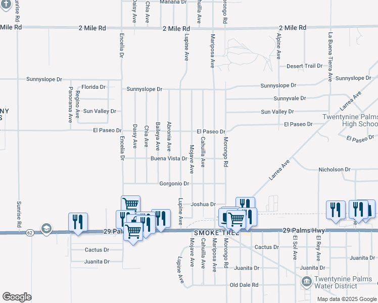 map of restaurants, bars, coffee shops, grocery stores, and more near 6182 Mojave Avenue in Twentynine Palms
