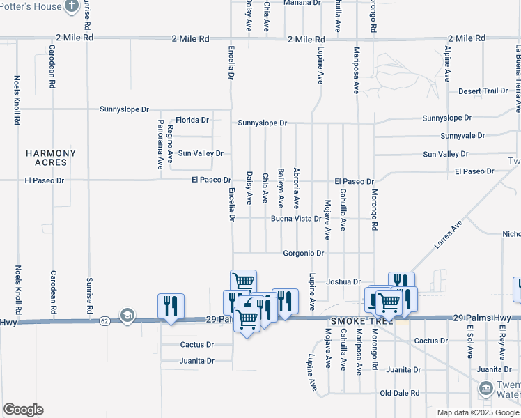 map of restaurants, bars, coffee shops, grocery stores, and more near 6180 Chia Avenue in Twentynine Palms