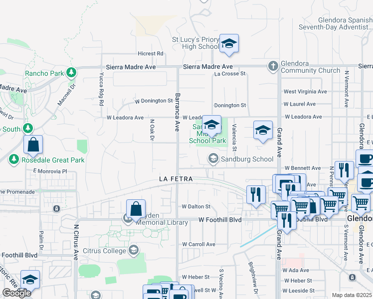 map of restaurants, bars, coffee shops, grocery stores, and more near 349 North Marcile Avenue in Glendora