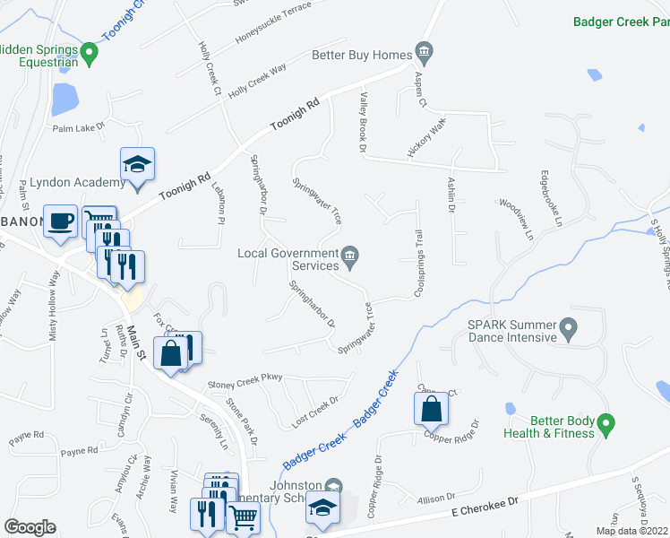 map of restaurants, bars, coffee shops, grocery stores, and more near 139 Springwater Trce in Woodstock
