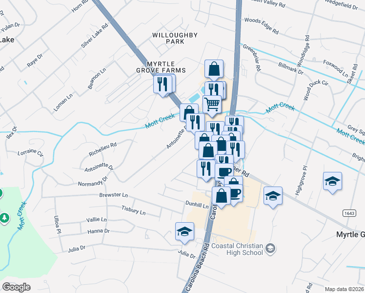 map of restaurants, bars, coffee shops, grocery stores, and more near 5310 Carolina Beach Rd in Wilmington
