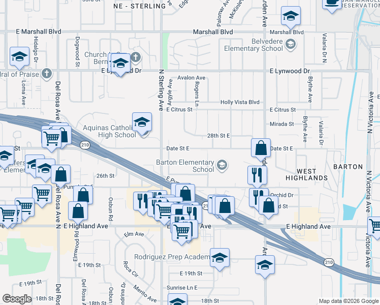 map of restaurants, bars, coffee shops, grocery stores, and more near 25809 Date Street East in San Bernardino