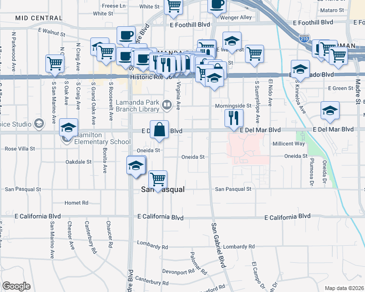 map of restaurants, bars, coffee shops, grocery stores, and more near 290 Virginia Avenue in Pasadena