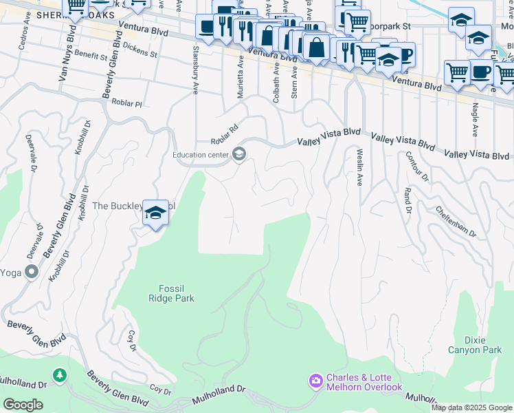 map of restaurants, bars, coffee shops, grocery stores, and more near 3849 Sherwood Place in Los Angeles