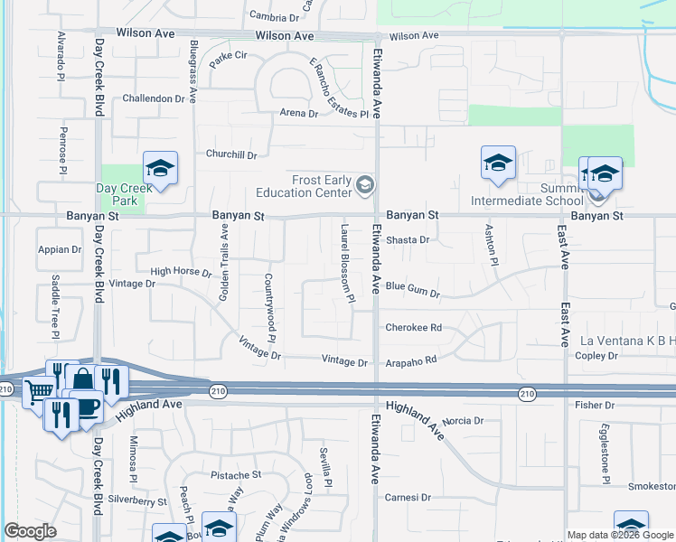 map of restaurants, bars, coffee shops, grocery stores, and more near 12816 Windstar Drive in Rancho Cucamonga