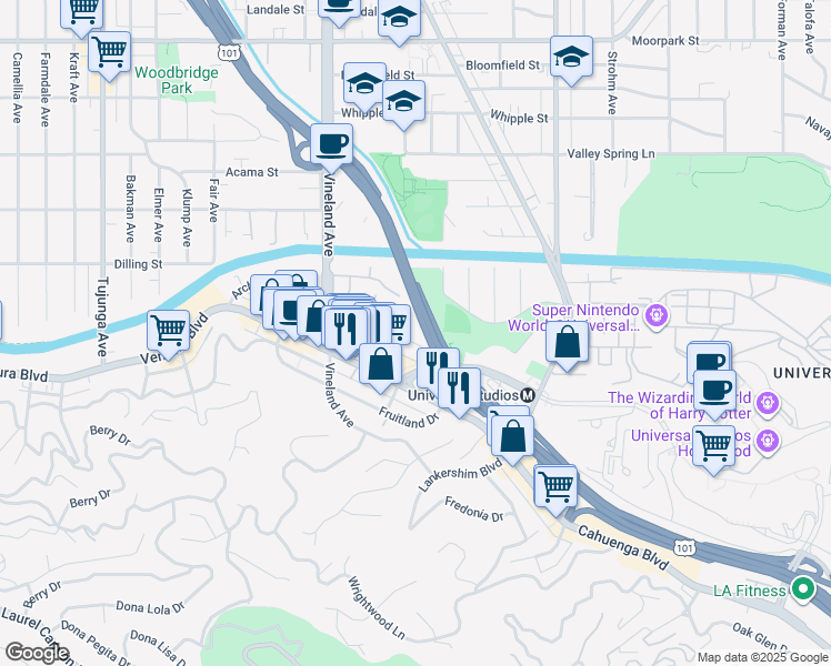 map of restaurants, bars, coffee shops, grocery stores, and more near 10865 Bluffside Drive in Los Angeles