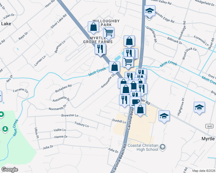 map of restaurants, bars, coffee shops, grocery stores, and more near 36 Antoinette Drive in Wilmington