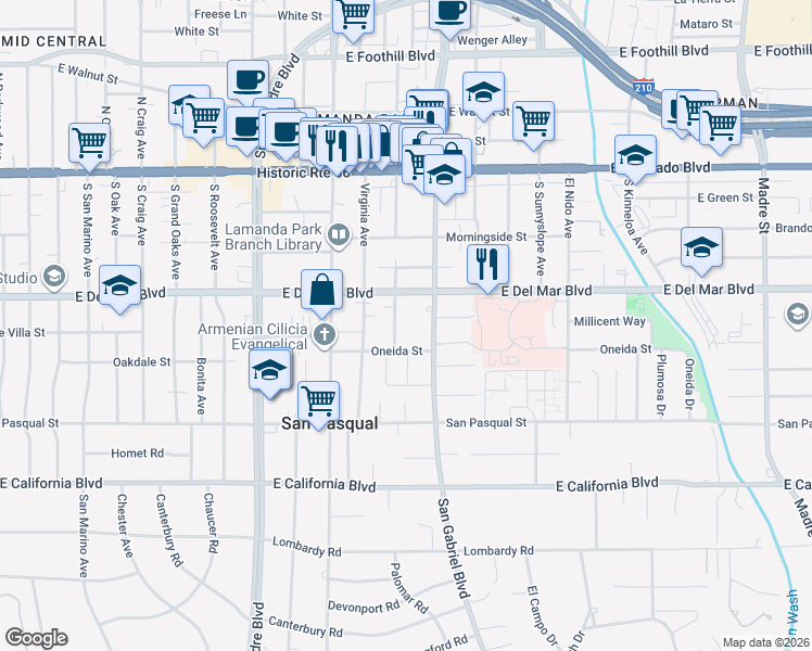 map of restaurants, bars, coffee shops, grocery stores, and more near 267 South Vinedo Avenue in Pasadena