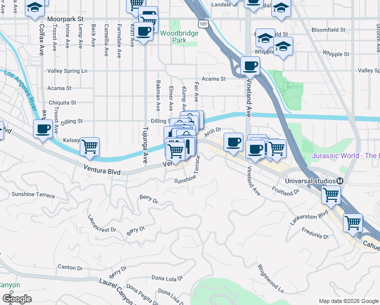 map of restaurants, bars, coffee shops, grocery stores, and more near 11262 Ventura Boulevard in Los Angeles