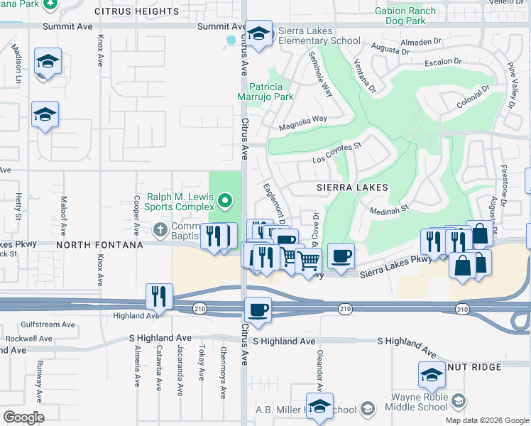 map of restaurants, bars, coffee shops, grocery stores, and more near 16172 Loomis Court in Fontana