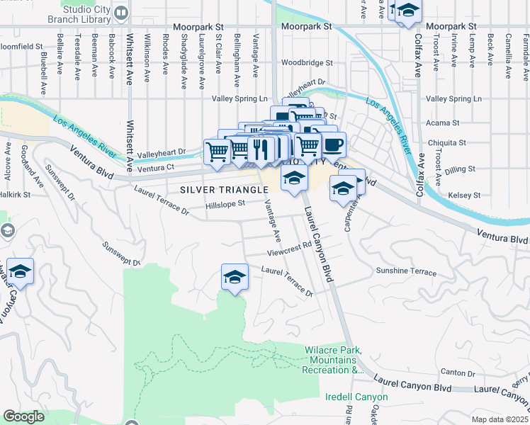 map of restaurants, bars, coffee shops, grocery stores, and more near 12109 Maxwellton Road in Los Angeles