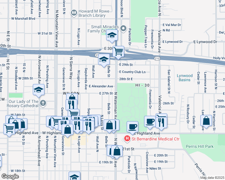map of restaurants, bars, coffee shops, grocery stores, and more near 2724 North Waterman Avenue in San Bernardino