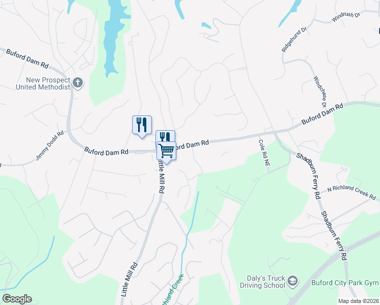 map of restaurants, bars, coffee shops, grocery stores, and more near 5740 Crest Hill Drive Northeast in Buford