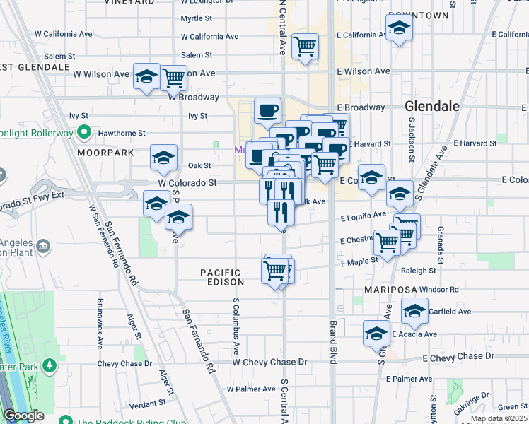 map of restaurants, bars, coffee shops, grocery stores, and more near 327 Vine Street in Glendale