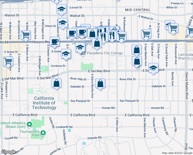 map of restaurants, bars, coffee shops, grocery stores, and more near 1637 Rose Villa Street in Pasadena