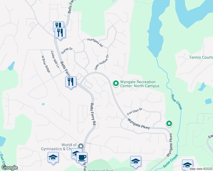 map of restaurants, bars, coffee shops, grocery stores, and more near 2003 Hawthorne Way in Woodstock
