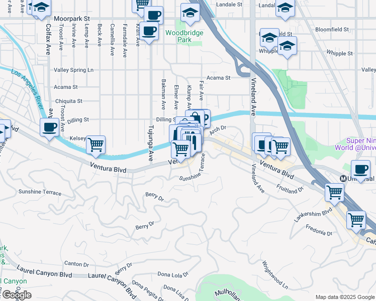 map of restaurants, bars, coffee shops, grocery stores, and more near 11211 Ventura Boulevard in Los Angeles