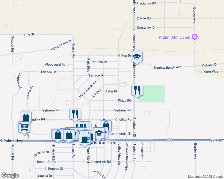 map of restaurants, bars, coffee shops, grocery stores, and more near 61956 Aster Place in Joshua Tree