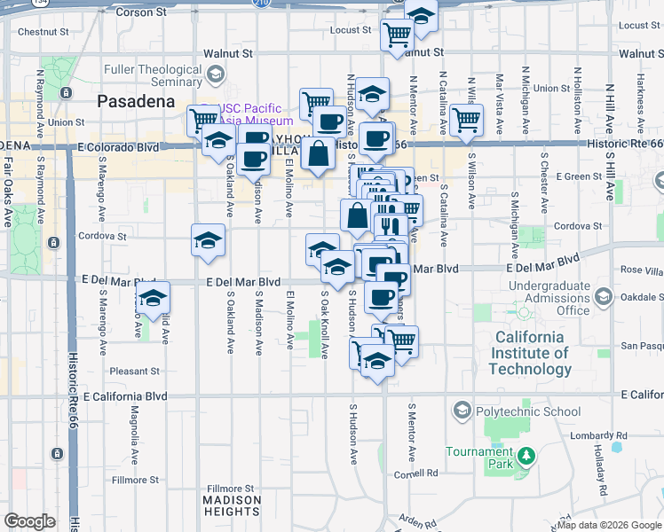 map of restaurants, bars, coffee shops, grocery stores, and more near 255 South Oak Knoll Avenue in Pasadena