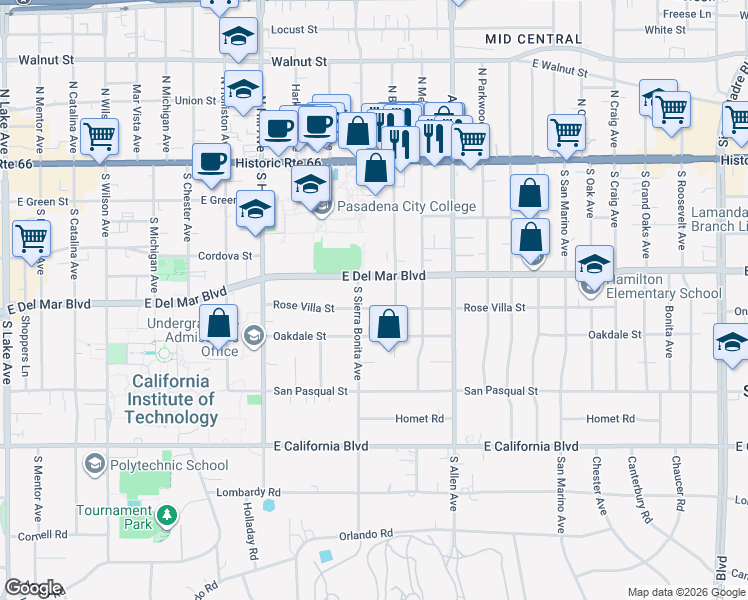 map of restaurants, bars, coffee shops, grocery stores, and more near 1637 Rose Villa Street in Pasadena