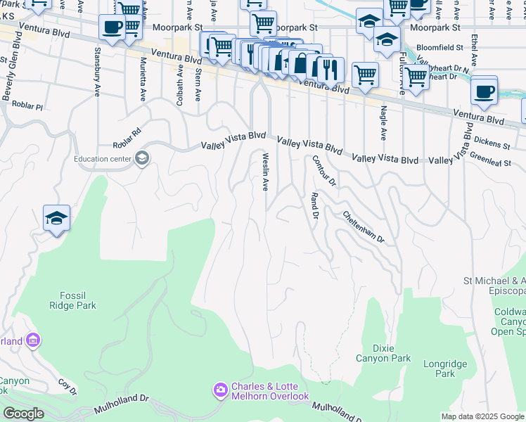 map of restaurants, bars, coffee shops, grocery stores, and more near 3955 Weslin Avenue in Los Angeles