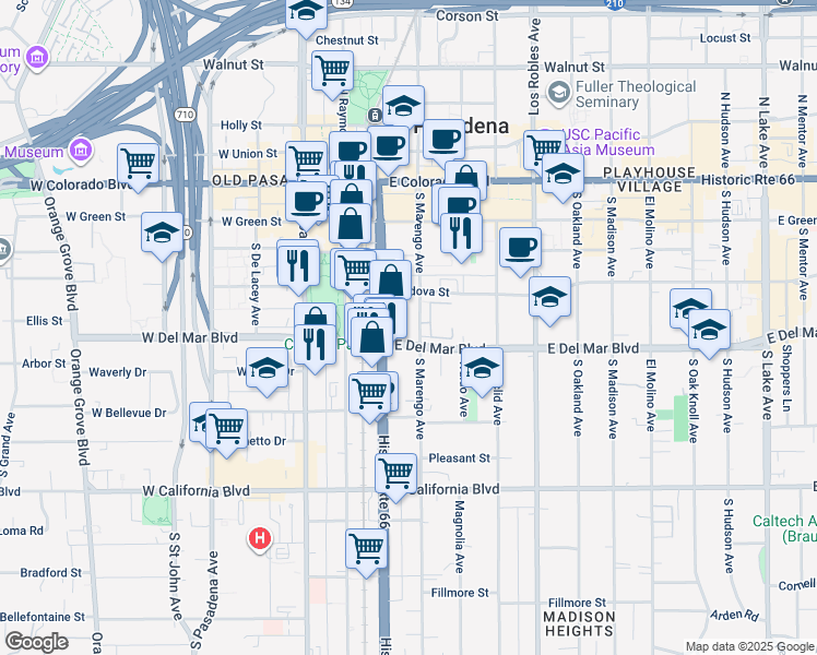 map of restaurants, bars, coffee shops, grocery stores, and more near 275 South Marengo Avenue in Pasadena