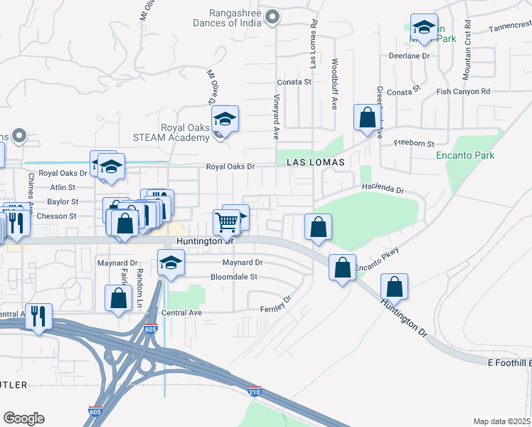 map of restaurants, bars, coffee shops, grocery stores, and more near 898 Swiss Trails Road in Duarte