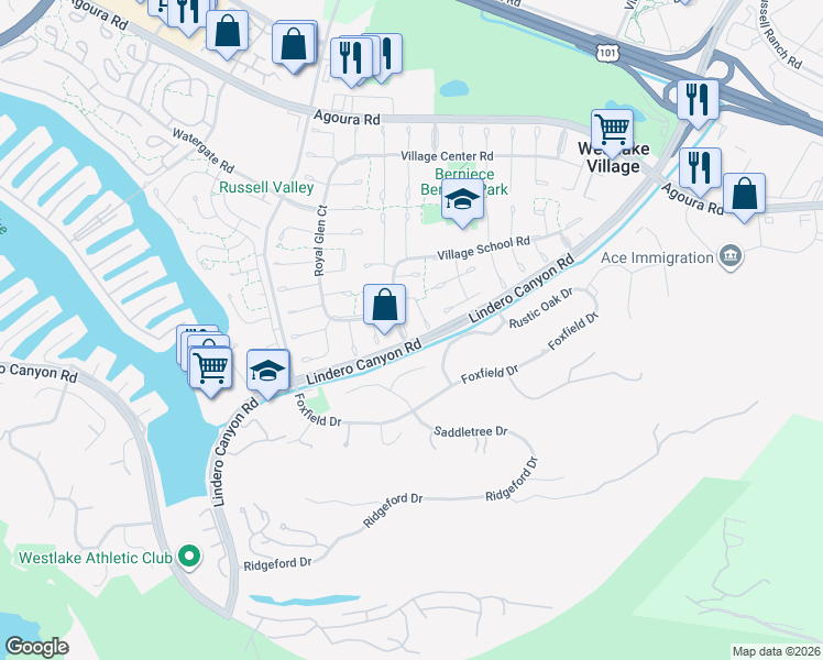 map of restaurants, bars, coffee shops, grocery stores, and more near 31720 Kentfield Court in Westlake Village