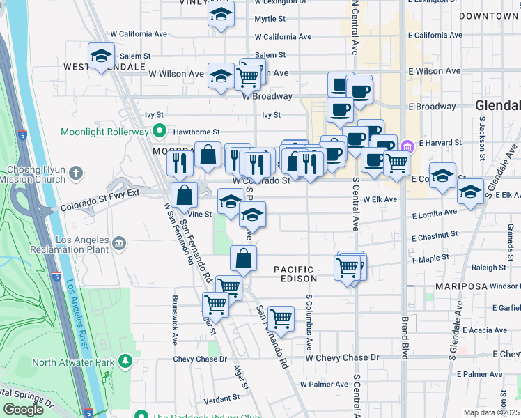 map of restaurants, bars, coffee shops, grocery stores, and more near 478 Colorado Boulevard in Glendale
