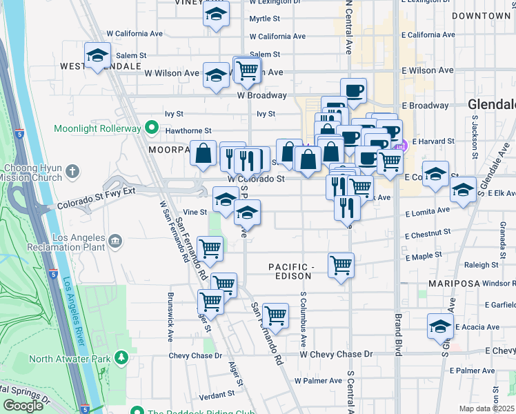 map of restaurants, bars, coffee shops, grocery stores, and more near 463 Vine Street in Glendale
